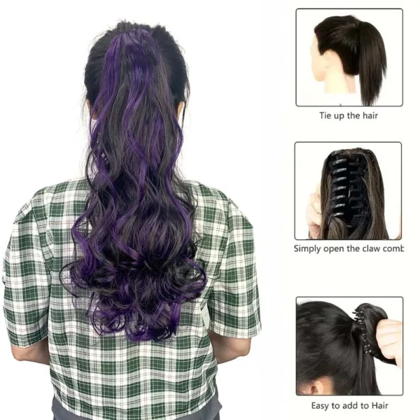 Synthetic 20Inch Long Curly Ponytail Claw Clip in Hair Extension Mixed Red Purple Hairpiece for Women - Image 6
