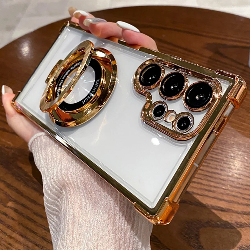 kf-Sc00ce852f0ac4ce8a665f403fcbe7372N Four Corners Anti Drop Transparent Electroplated Magnetic Stand Protective Case For Samsung Galaxy S25 S24 S23 S22 Ultra Plus - Image 1