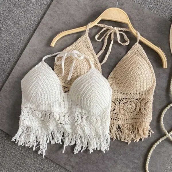 Women Crochet Halter Top Summer Beach Knit Crop Tank Fringe Boho Lace Up Backless Cami Blouse Festival Vacation Wear - Image 5