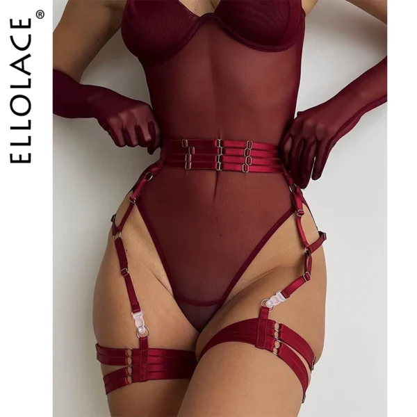 Ellolace Tight Fitting Lace Bodysuit Sexy See Through Erotic Body With Gloves Garter Night Club Outfit Sissy Crotchless Mesh Top - Image 2