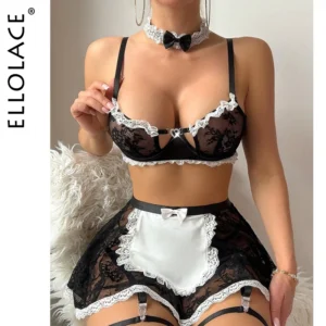 Ellolace Valentine Sexy Female Lingerie Maid Cosplay Bra Thong Skirt 3PC with Choker Leg Circles Cute Hollow Women's Underwear