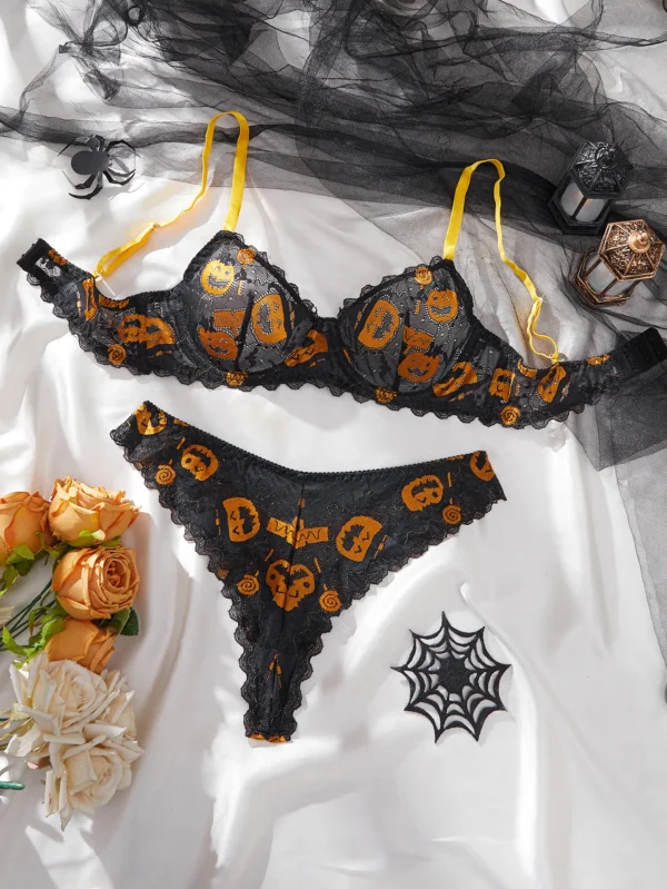 Ellolace Halloween Lingeries Sexy Hot Exclusive Pumpkin Lamp Wacky Faces 2PC Set Witty Treat and Trick Cosplay Women's Underwear - Image 2