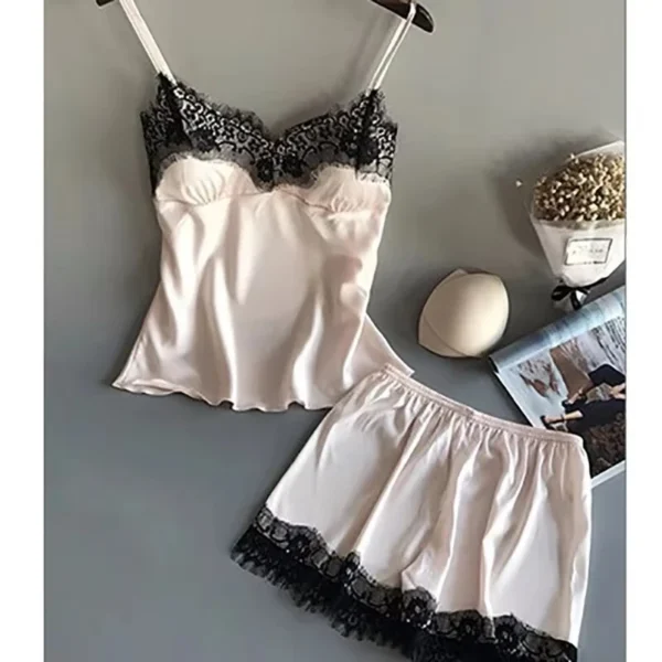 Women Pajama Set Fashion V Neck Stretch Satin Babydoll Lace Sexy Lingerie Bowknot Nightgown Sleep Shorts Set Sleepwear - Image 4