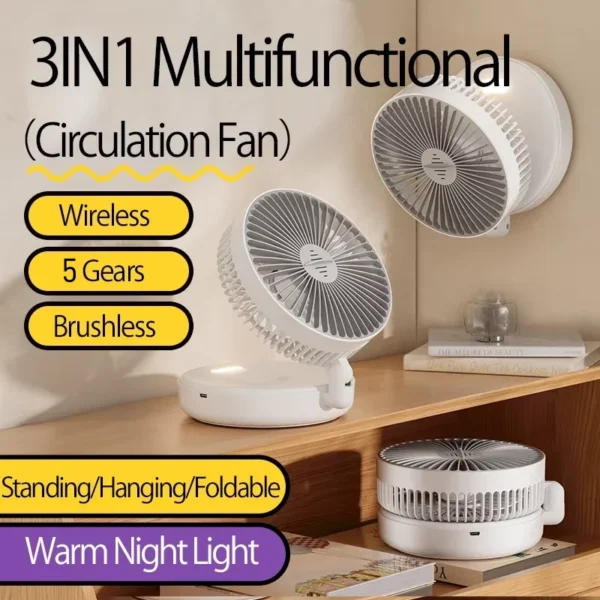 2025 New 5000mAh Rechargeable 3IN1 Multifunctional Portable Fan Wall Mounted Fan 90° Folding Fan 4 Gears With Warm Night Light - Image 2