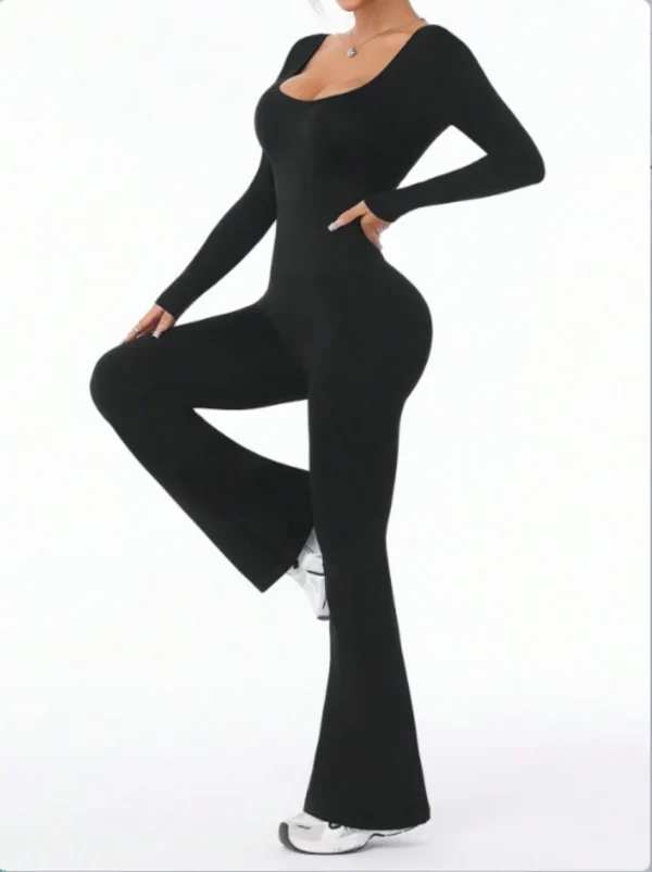 High quality solid color long sleeved compression exercise jumpsuit women's sportswear bell bottom pants sexy push up yoga set - Image 5