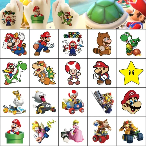 20Pcs/set Super Mario Bros Temporary Tattoo Stickers Kawaii Luigi Yoshi Figure Decals Toys Children Birthday Party Gifts - Image 2