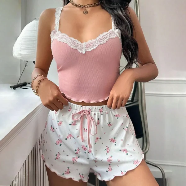 Women Pajama Set Lace Patchwork V-Neck Sleepwear Sexy Nighties Suit Camisole Top Printed Shorts Soft Pyjamas Loungewear - Image 3