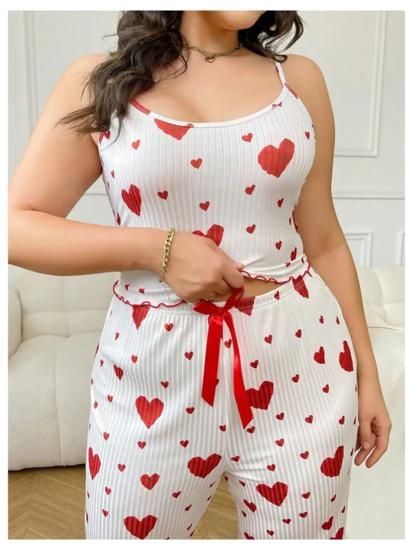 Plus Size Women Pajamas Set 2 Piece Sleeveless Vest and Trousers White Soft Breathable Sleepwear Casual Red Heart Print - Image 2