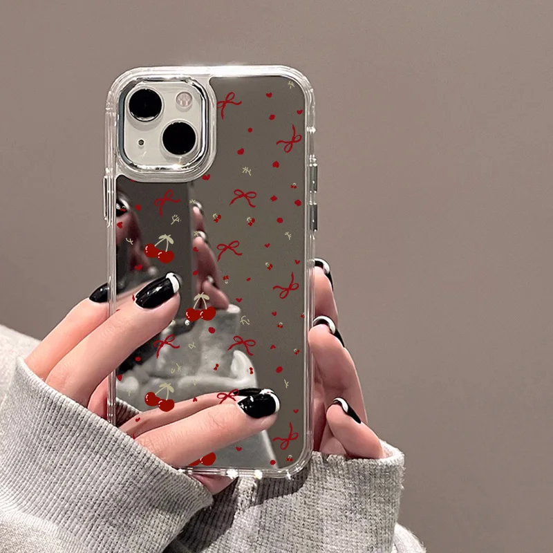 kf-Sd0eb90d3c45c4e20b0e3de2e335887ffY Cute Cherry Bow Mirror Phone Case For iPhone 13 Case iPhone 16 15 11 17 12 14 Pro Max Plus XR X XS Shockproof Bumper Soft Cover - Image 1