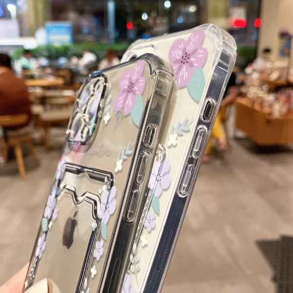 Soft Card Slot Bag Holder Phone Case For iPhone 13 11 16e 15 12 14 17 16 Pro Max 7 Plus XR SE Aesthetic Flower Transparent Cover - Image 6