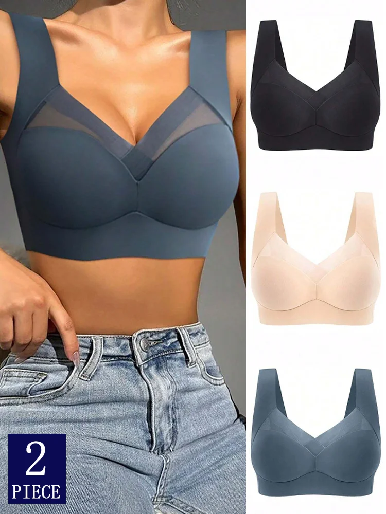 kf-Sd40f576f961d4d0c8ed5e05f39022446P 2PCS Women Lace Sport Bras Plus Size Seamless Bra Bralette Backless Lady Brassiere Vest Female Gather Shock-Proof Wireless L-3XL - Image 1
