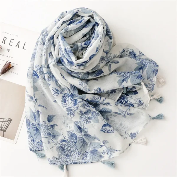 Classic Blue Flower Print Scarf Elegant Tassel Shawl Casual Windproof Head Wrap Hijab Sunscreen Travel Beach Towel For Women - Image 3