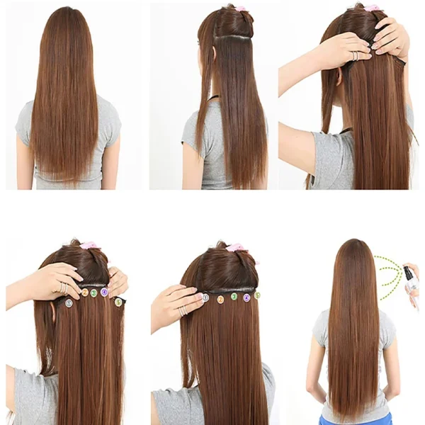 Synthetic Long Straight One Piece With 5 Clip In Hair Extensions for Women Rainbow Color Hair Accessories Halloween - Image 4