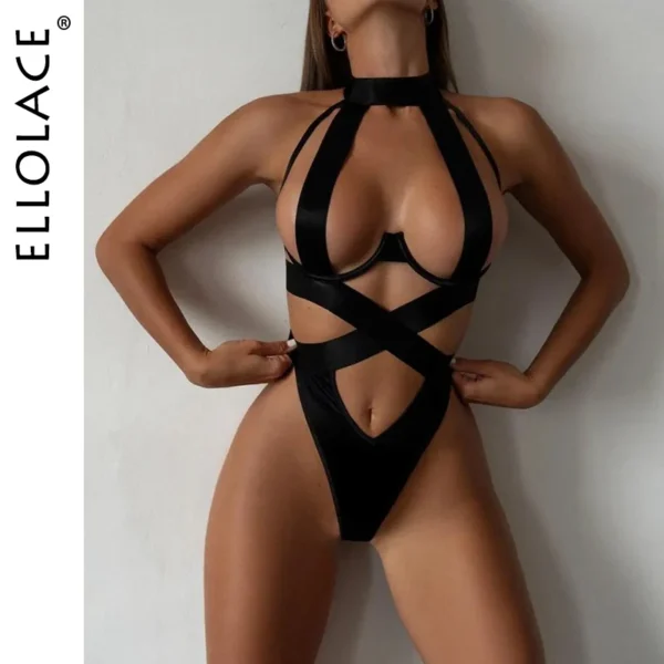 kf-Sd88be2c051794192be207400fe230d21M Ellolace Bandage Sexy Lingerie Bodysuit Women Halter Hollow Out Exotic Clothes Black Porn Bottom Sissy Hot Sensual Body - Image 1