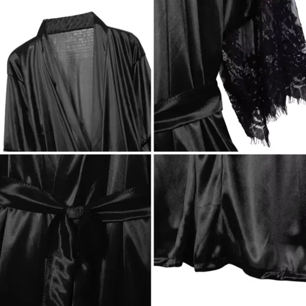 Women Night Gown Robe with G String Floral Lace Bathrobe Halt Sleeve Nightdress Female French Sexy Silky Satin Sleepwear - Image 5