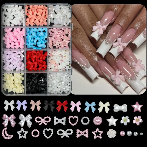 12Grids/box Mixed Resin Bowknot Nail Art Decorations 3D Acrylic Charms Kawaii Colorful Bow Rhinestone DIY Manicure Tools Parts - Image 5