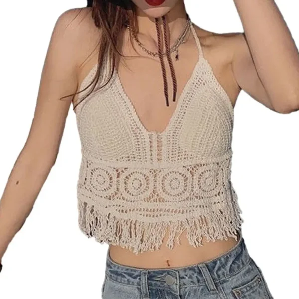 Women Crochet Halter Top Summer Beach Knit Crop Tank Fringe Boho Lace Up Backless Cami Blouse Festival Vacation Wear - Image 3