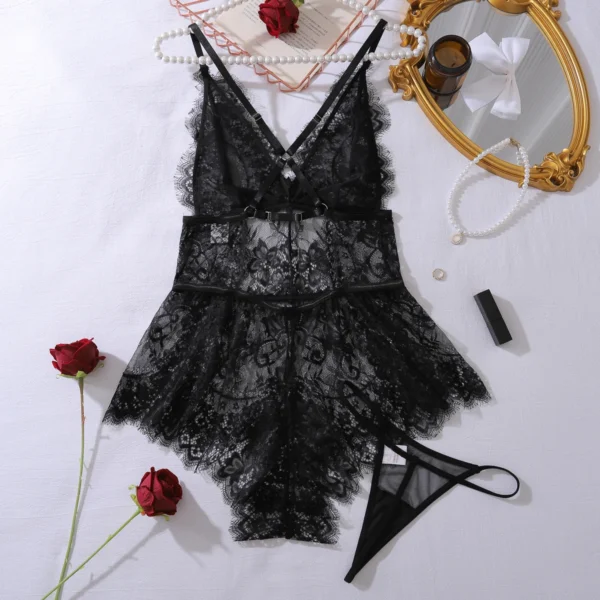 Ellolace Sissy Sexy Hot Lingerie Seductive Eyelash Lace Bodysuit Thong 2PC Set Dancer Night Party Costume Porno Woman Clothing - Image 6