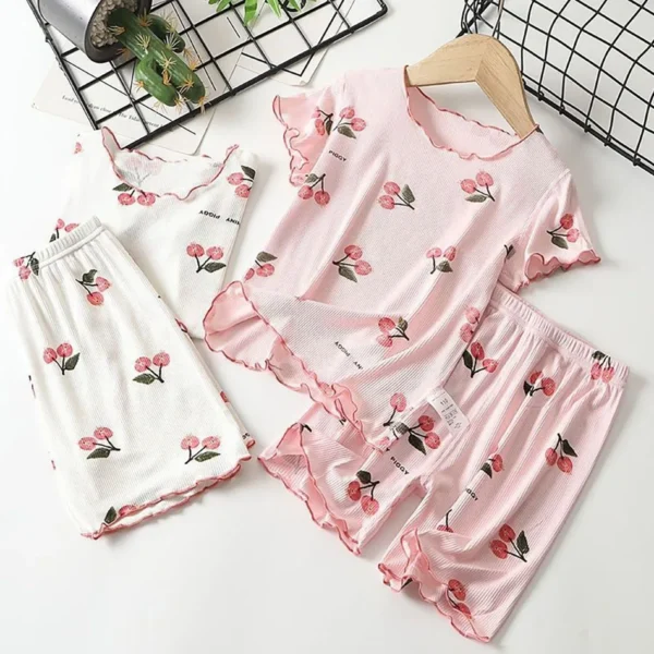 Girls Summer Pajama Set Cherry Blossom Print 4-Way Stretch Shorts & Tee Breathable Modal Blend for Bedtime and Playtime for 1-8Y - Image 2