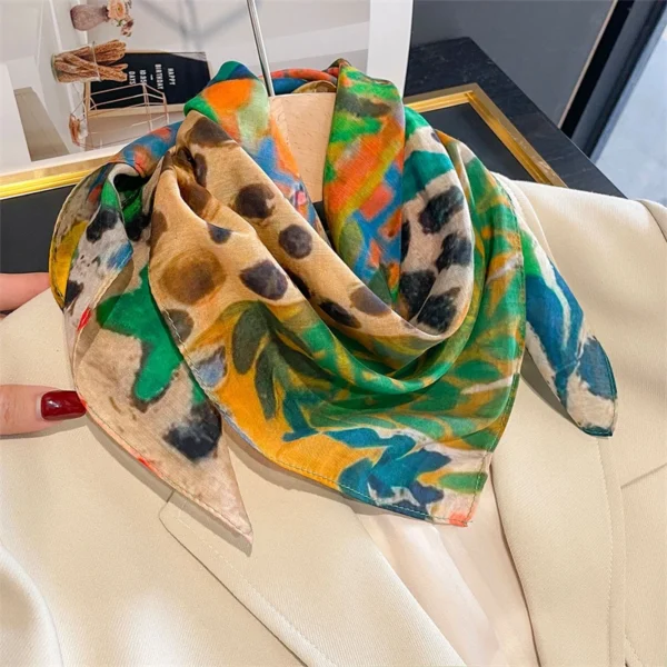 Designer Floral Square 65cm Neckerchief Women Real Silk Scarf Luxury Cotton Shawl 2025 Print Female Hijab Bandana Headband - Image 4