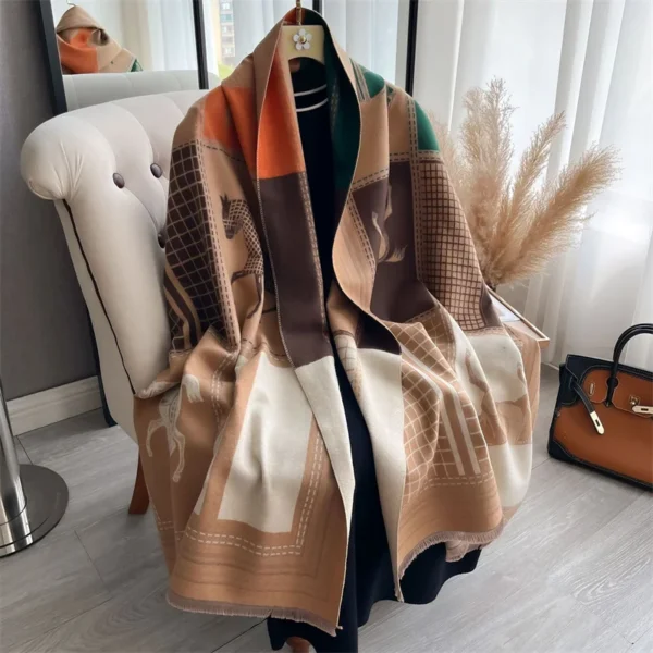 2024 Luxury Horse Print Scarf for Women Warmer Winter Cashmere Pashmina Scarves Shawls Female Thick Blanket Wraps Foulard - Image 4