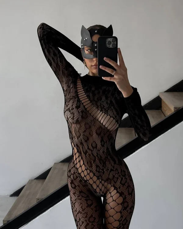 Ellolace Sexy Adult Female Jumpsuit Porn Beautiful Doll Backless Splicing Body Party Hollow Leopard Sheer Sex Lace Suit - Image 2