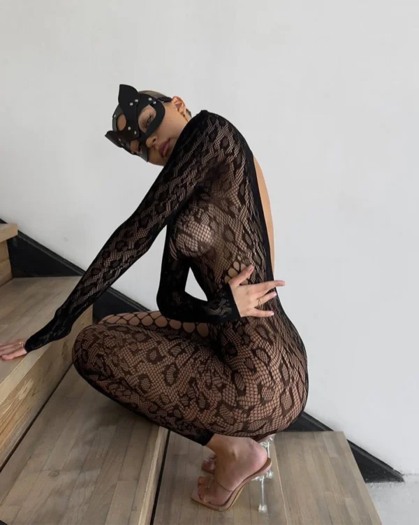 Ellolace Sexy Adult Female Jumpsuit Porn Beautiful Doll Backless Splicing Body Party Hollow Leopard Sheer Sex Lace Suit - Image 3