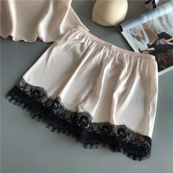 Women Pajama Set Fashion V Neck Stretch Satin Babydoll Lace Sexy Lingerie Bowknot Nightgown Sleep Shorts Set Sleepwear - Image 5