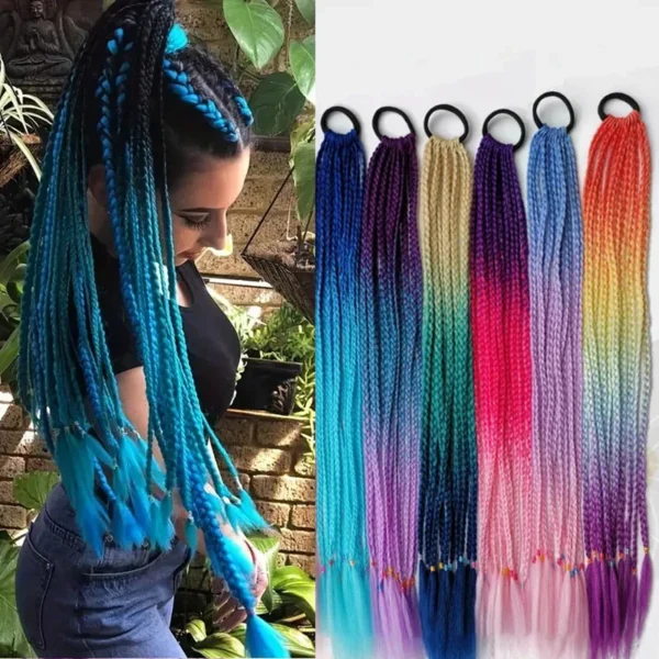 24Inch Synthetic Gradient Colored Braided Ponytail Hair Extension Elastic Rubber Band Braiding Ponytail for Girl Women - Image 1