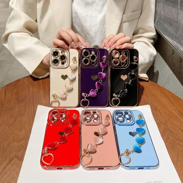 Luxury Soft Love Heart Bracelet Phone Case For iPhone 11 12 13 14 15 16 Pro Max XS X XR Max Plus lint Bumper Cover - Image 2