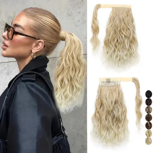 Synthetic 14Inch Wavy Curly Wrap Around Clip Ponytail Hair Extension Black Blonde Fake Hairpiece for Women - Image 1