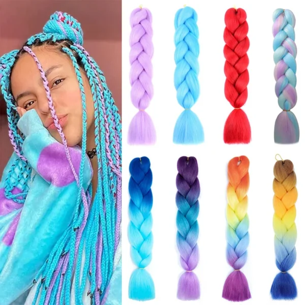 24Inch Synthetic Braiding Hair Extension Ombre Color Rainbow DIY Jumbo Hair Pink Red Blue Hairstyle for Women - Image 1