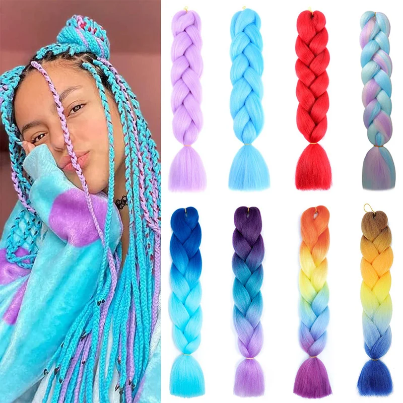 kf-Se39da66665254c1b8d6171a79dae89e7P 24Inch Synthetic Braiding Hair Extension Ombre Color Rainbow DIY Jumbo Hair Pink Red Blue Hairstyle for Women - Image 1