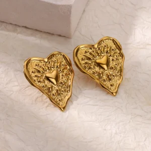 Stainless Steel Irregular Heart Texture Stud Earring for Women Gold Color Heart Wedding Aesthetic Earring Jewelry Accessories