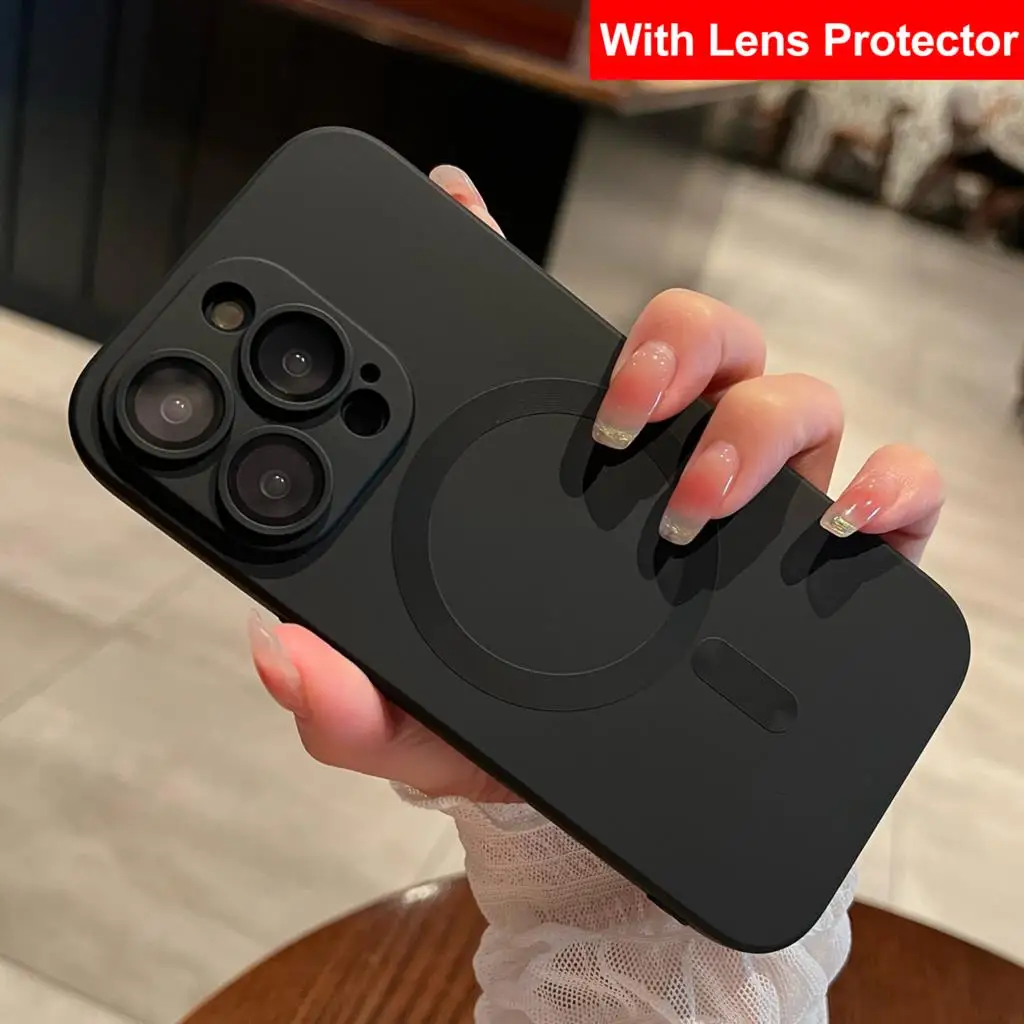 kf-Se59d293b015c4ef99ecd4fb1c0b4d9adA For Magsafe Magnetic Wireless Charge Case For iPhone 16 15 14 13 12 11 Pro Max 16 Plus 16e Silicone Glass Lens Protection Cover - Image 1