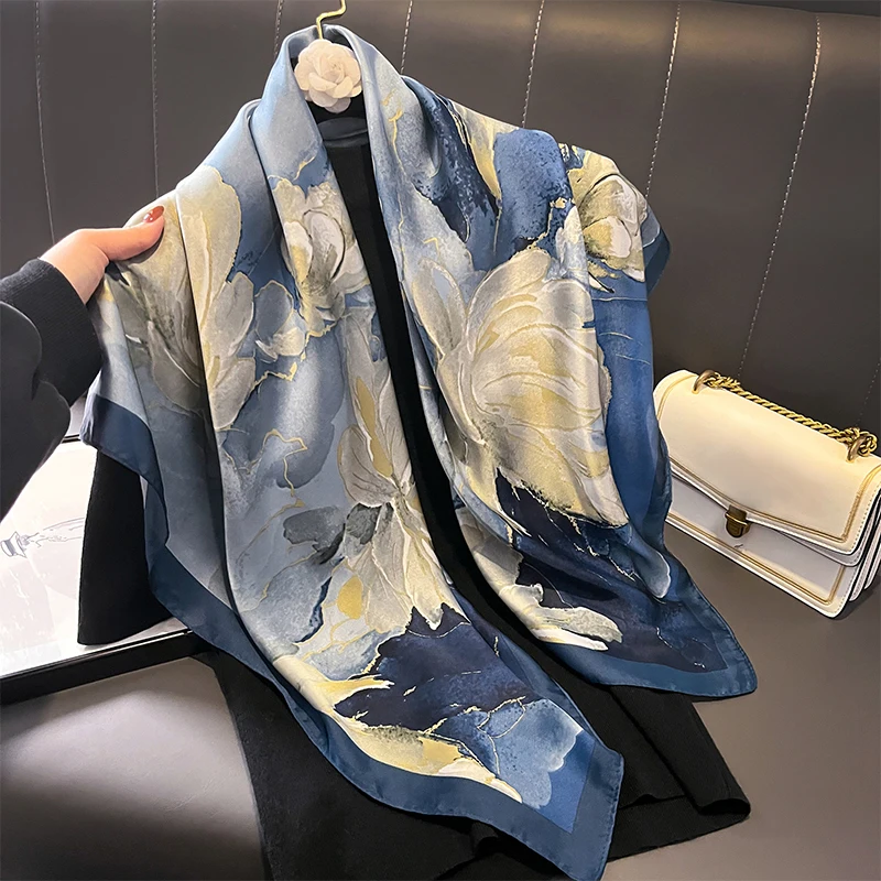 kf-Se5c467d351c44ccc87d4a2640ee0af88g Print Satin Silk Square Scarf Hijab Women Bandana 90CM Headscarves Neckerchief Ladies Muffler Shawl Wrap Foulard Headband - Image 1