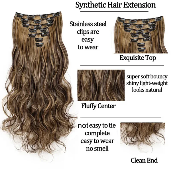 Clip In Hair Extensions 7pcs/Set Curly Long Synthetic Clip On Hairpiece Black Brown Wavy Curly Style For Women Girls - Image 5