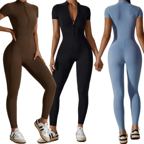 kf-Se84ac9b59f344f2b91c34b09bf892a1eI Naked zipper short sleeved yoga suit jumpsuit, quick drying breathable outdoor sports tight fitting jumpsuit, fitness suit - Image 1