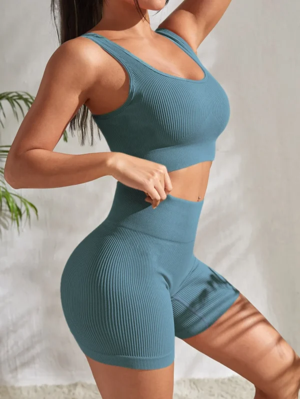 kf-Seb97a1537fdf4e3e967331366fccc374r Seamless Ribbed Yoga Sets Workout Sets for Women 2 Pieces Gym Suits Ribbed Crop Tank High Waist Shorts Outfits Fitness Running - Image 1