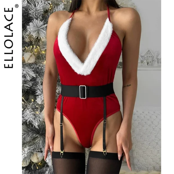 Ellolace Bunny Christmas Lingerie Bodysuit Velvet Red Erotic Costumes Hair Band Deep-V Sweet Girl Festival Set Woman 3 Pieces - Image 1