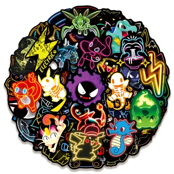 50pcs Anime Neon Pokemon Stickers Pikachu Cartoon Decals Waterproof DIY Phone Skateboard Laptop Cool Cute Sticker for Kids Toy - Image 2