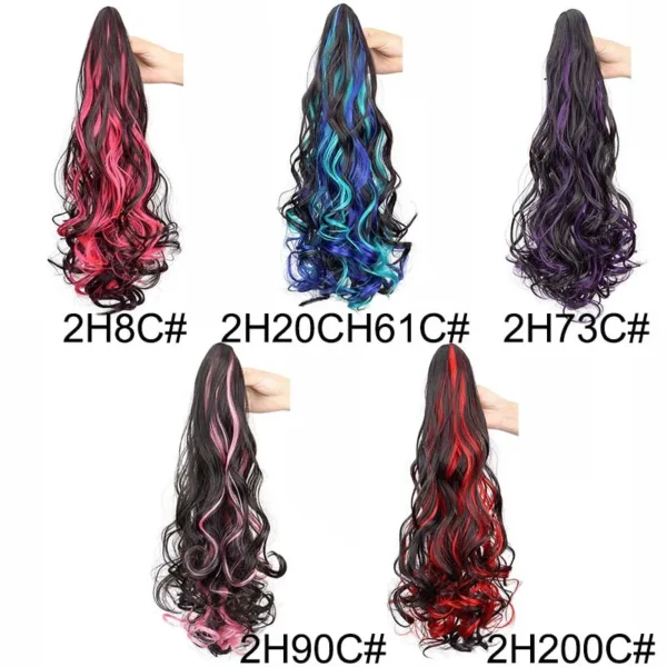 Synthetic 20Inch Long Curly Ponytail Claw Clip in Hair Extension Mixed Red Purple Hairpiece for Women - Image 3