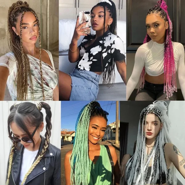 24Inch Synthetic Long Straight Box Braided Ponytail With Elastic Rubber Band Hair Extensions Rainbow Color Box Hairpiece - Image 6