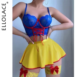 Ellolace Valentine Lingeries Sexy Hot Snow White Princess Cosplay Bra Thong Skirt 3PC Leg Circles Dopamine Roleplay Costume