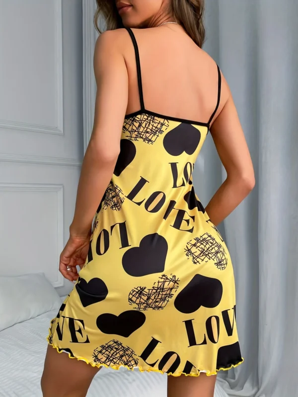 Women Summer Camisole Nightgown Backless Heart LOVE Print Soft Breathable Sleepwear Ruffle Hem Round Neck Night Dress - Image 3