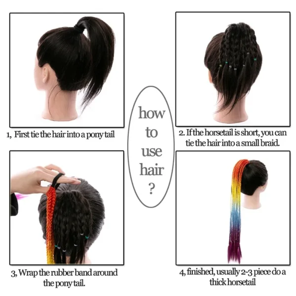 24Inch Synthetic Long Straight Box Braided Ponytail With Elastic Rubber Band Hair Extensions Rainbow Color Box Hairpiece - Image 5