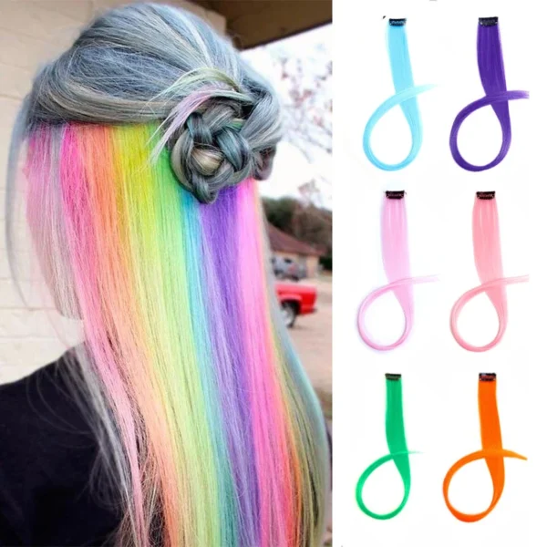 kf-Sfc898bb53a9f44bf860f79251f44bf6cA 5PCS 22Inch Synthetic Long Straight Hair Clips Rainbow Hair Extension Colored Red Green Blue Hairpiece for Women - Image 1