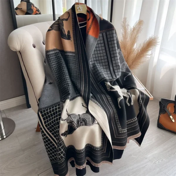 2024 Luxury Horse Print Scarf for Women Warmer Winter Cashmere Pashmina Scarves Shawls Female Thick Blanket Wraps Foulard - Image 6