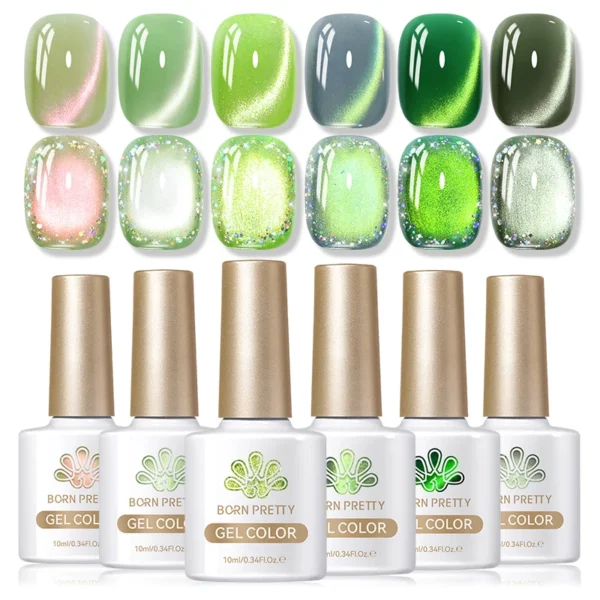 BORN PRETTY 10ml Green Summer Colored Cat Magnetic Gel Nail Polish Auroras Glitter Shine Soak Off UV Nail Art Syrup Varnish - Image 6