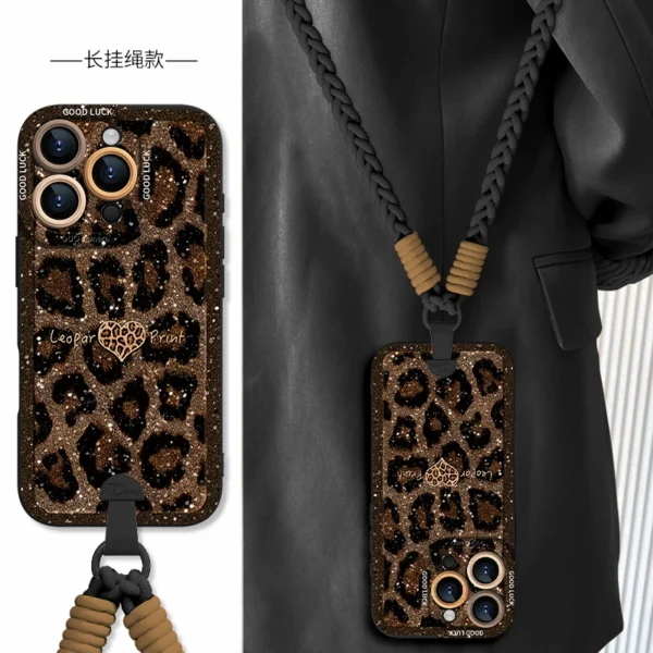 [Crossbody wrist lanyard] Glitter leopard print love heart suitable for Apple 17promax mobile phone case iphone17pro new 17air female 16e super hot 15plus all-inclusive 14 silicone 13 sets - Image 2